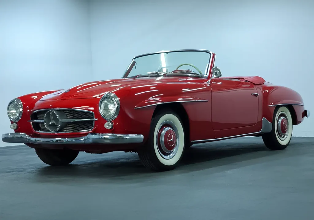 Front view of a 1957 Mercedes-Benz 190SL in classic red color. Classic Cars for sale